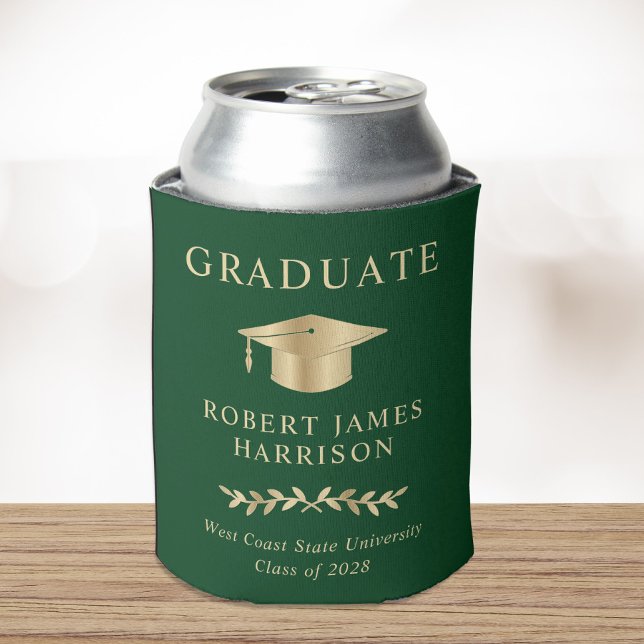 Elegant Grad Cap Green Gold Graduation Party Can Cooler (Creator Uploaded)