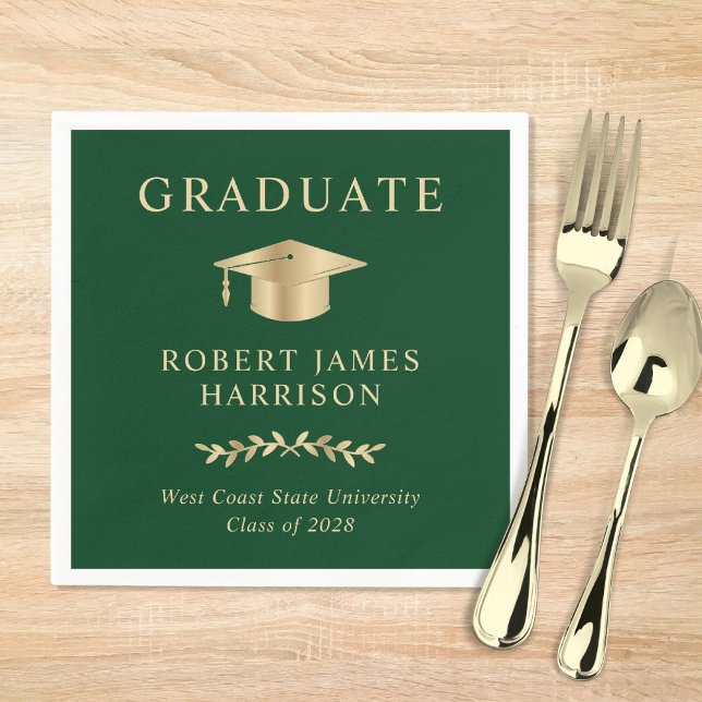 Elegant Grad Cap Green Gold Graduation Party Napkin (Creator Uploaded)