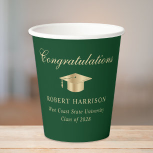 Elegant Grad Cap Green Gold Graduation Party Paper Cups