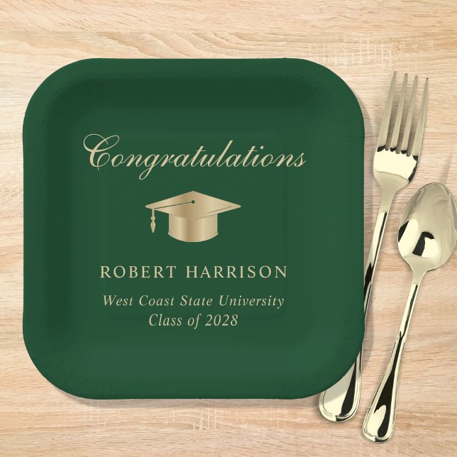 Elegant Grad Cap Green Gold Graduation Party Paper Plate (Creator Uploaded)