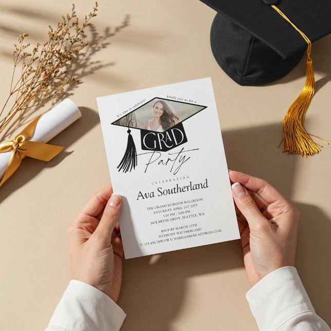 Elegant Grad Cap & Tassel Photo Graduation Party Invitation (Elegant Grad Cap & Tassel Photo Graduation Party Invitation)