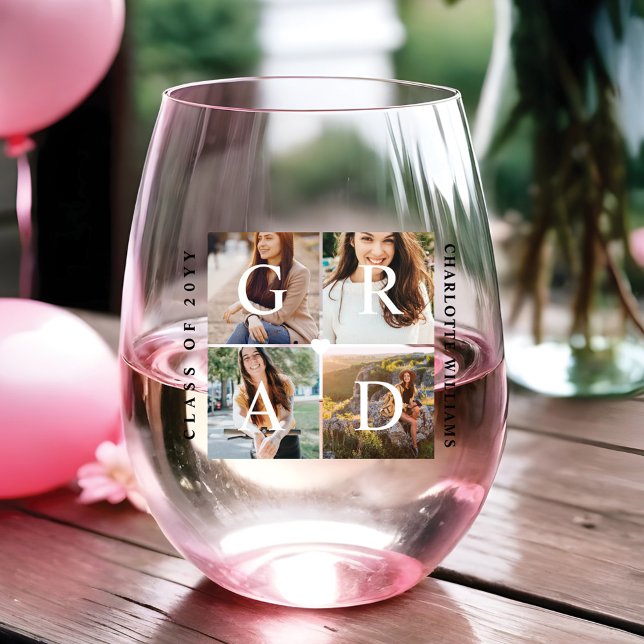 Elegant Grad Graduate Photo Collage Memories Stemless Wine Glass (Elegant Grad Graduate Photo Collage Memories Stemless Wine Glass)