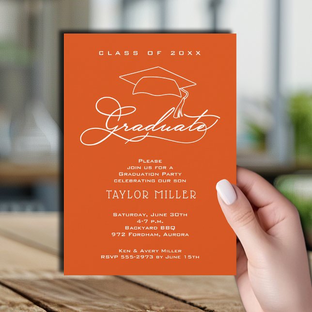 Elegant Grad Hat Orange Graduation Invitation (Elegant white script and grad hat orange graduation party invitations)