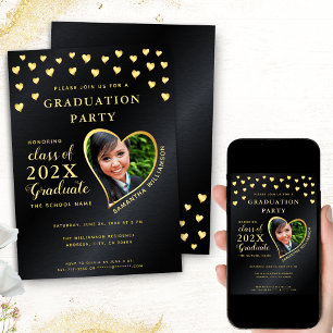 Elegant Grad Photo Black and Gold Graduation Invitation