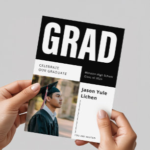 Elegant Grad Photo Black and White Graduation Invitation