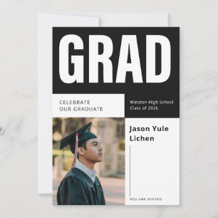 Elegant Grad Photo Black and White Graduation Invitation