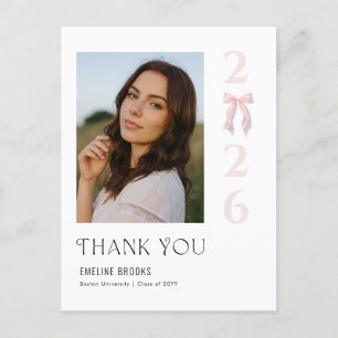 Elegant Grad Photo Pink Bow Graduation Thank You Postcard