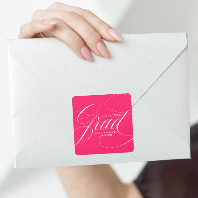 Elegant Grad Script Hot Pink Graduation Square Sticker (Creator Uploaded)