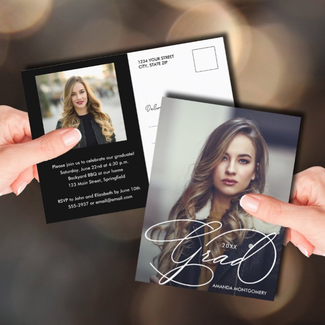 Elegant Grad Script Photo Graduation Postcard (Creator Uploaded)