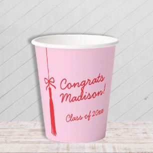 Elegant Grad Tassel Bow Pink Red 2025 Graduation Paper Cups
