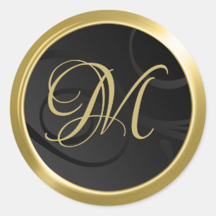 Elegant Gradient Swirls Monogram Black Gold Classic Round Sticker