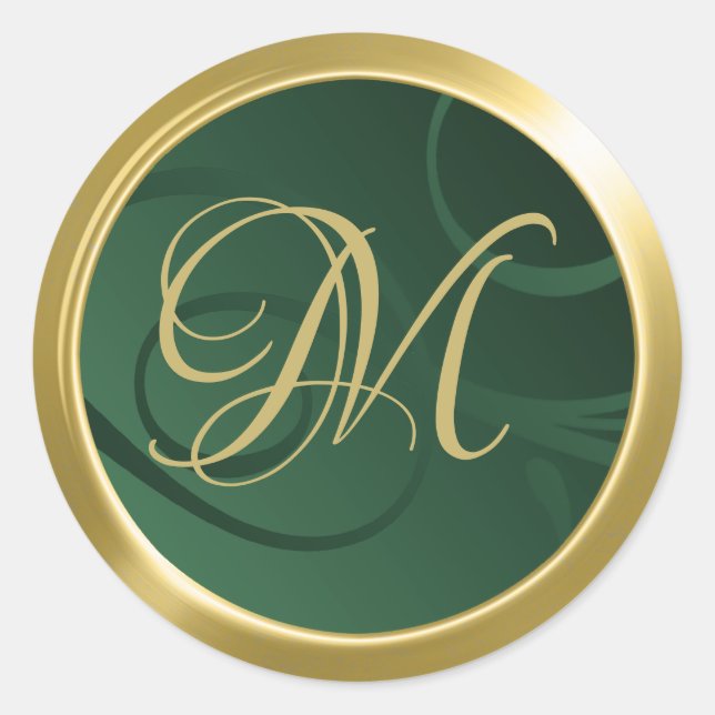 Elegant Gradient Swirls Monogram Green Gold Classic Round Sticker (Front)