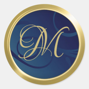 Elegant Gradient Swirls Monogram Navy Blue Gold Classic Round Sticker