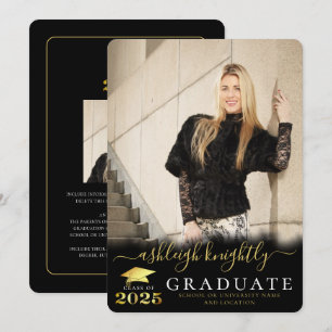 Elegant Graduate 2025 Black Gold Script 2 Photos Announcement