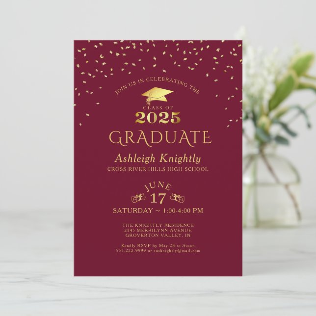 Elegant Graduate 2025 Burgundy Gold Confetti Invitation (Standing Front)