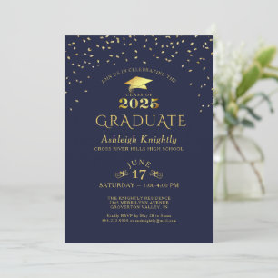 Elegant Graduate 2025 Navy Gold Confetti Invitation