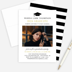 Elegant Graduate Black and Gold Photo Graduation Invitation
