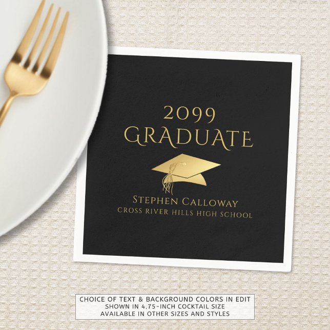Elegant Graduate Black Faux Gold Foil Cap Name Napkin (Creator Uploaded)