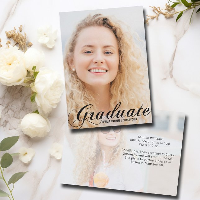 Elegant Graduate Black Flourish Script Graduation Announcement (Creator Uploaded)