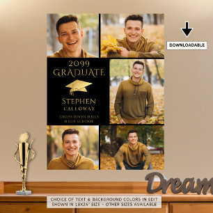 Elegant Graduate Black Gold 5 Photo Collage Poster