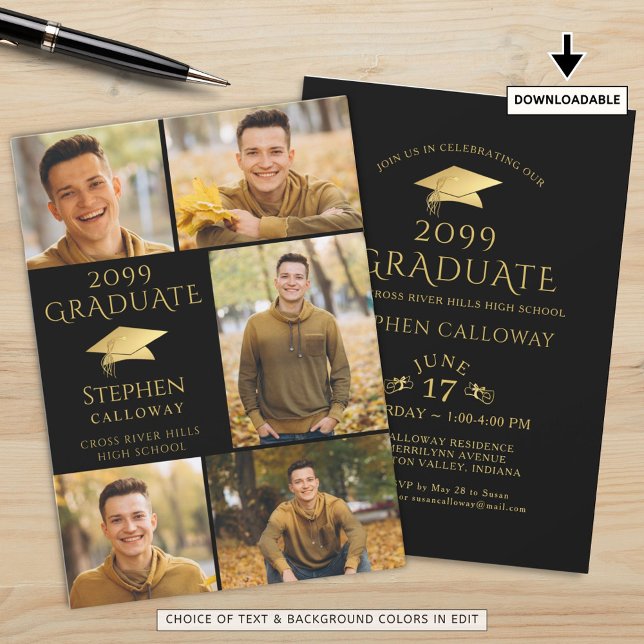 Elegant Graduate Black Gold Cap 5 Photo Collage Invitation (Creator Uploaded)