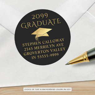 Elegant Graduate Black Gold Cap Return Address Classic Round Sticker