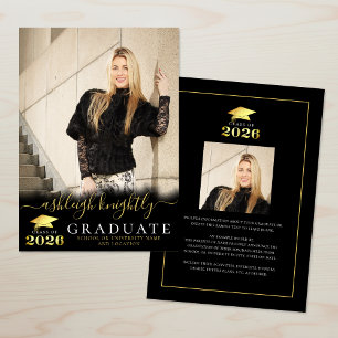Elegant Graduate Black Gold Script 2 Photos Announcement