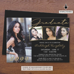 Elegant Graduate Black Gold Script 4 Photo Invitation