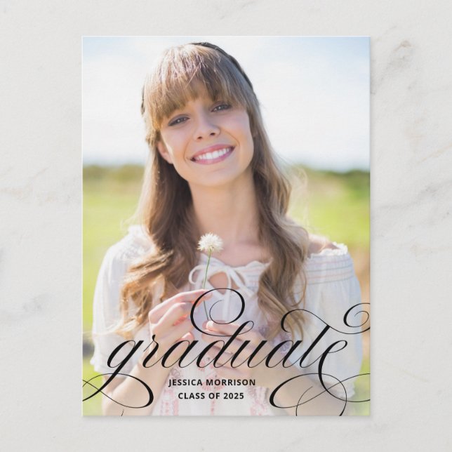 Elegant Graduate Black Script Photo Graduation Postcard (Front)