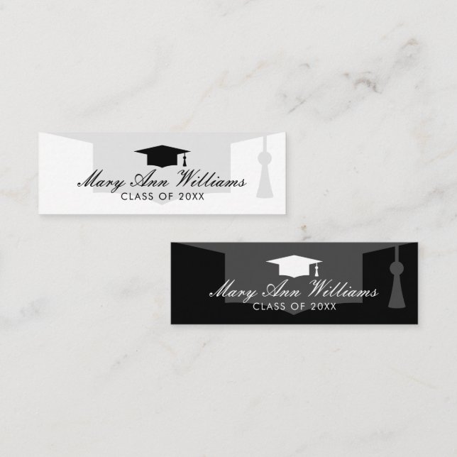 Elegant graduate name cards with academic cap logo (Front/Back)