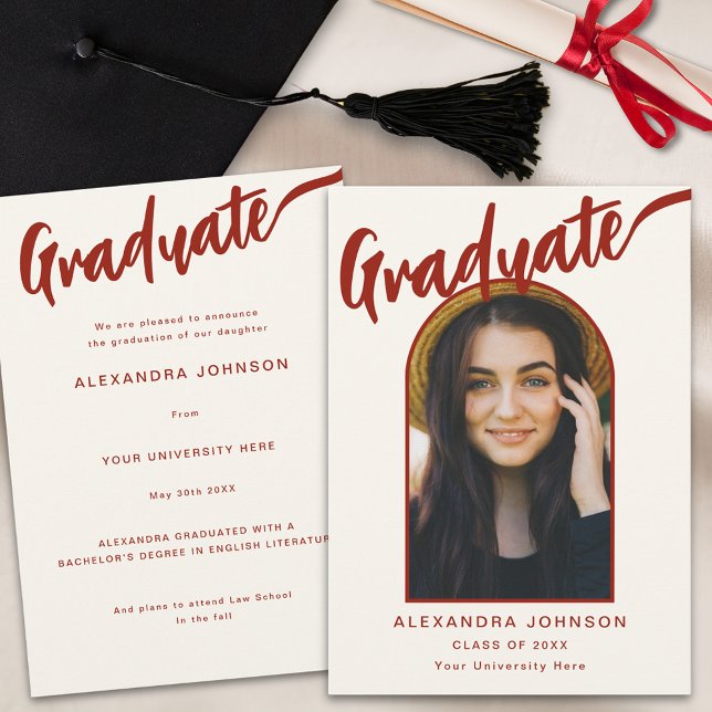 Elegant Graduate Photo Arch Burnt Orange Script Announcement (Minimalist graduate photo arch elegant burnt orange calligraphy script graduation announcement card)