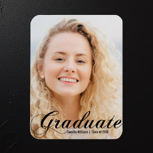 Elegant Graduate Photo Black Flourish Script Magnet