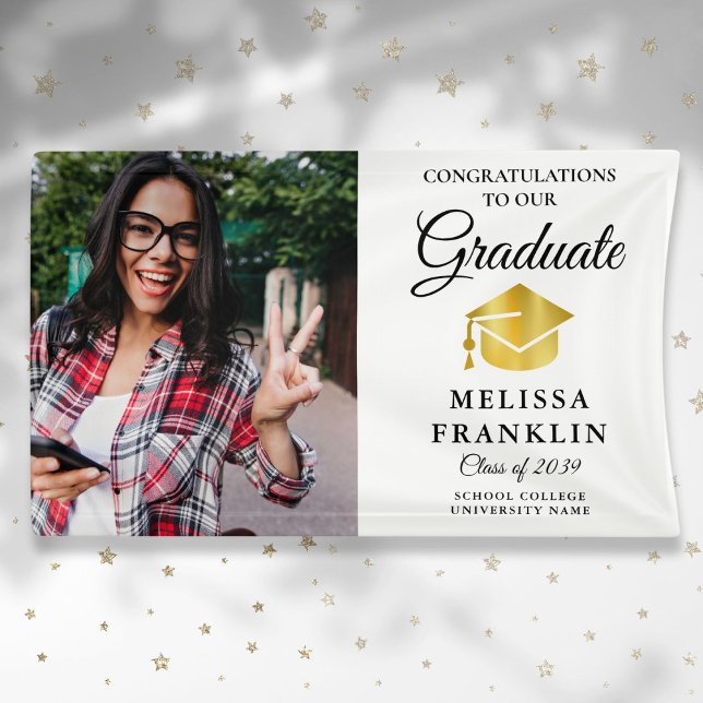 Elegant Graduate Photo Gold Cap Graduation Banner (Elegant Graduate Photo Gold Cap Graduation Banner)