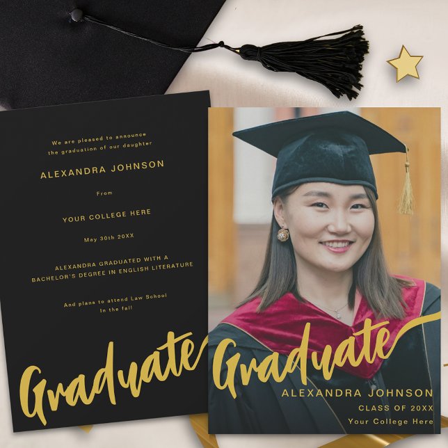 Elegant Graduate Photo Gold Script Black  Announcement (Minimalist gold script graduate photo black Graduation announcement card)