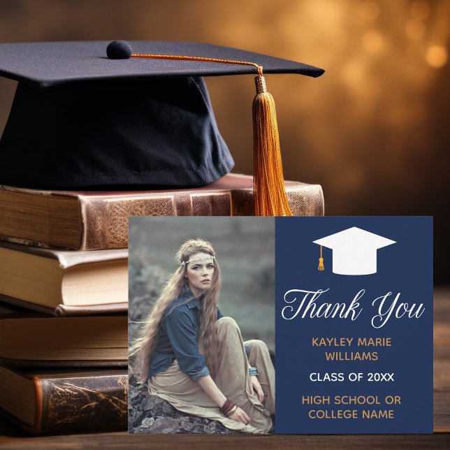 Elegant Graduate Photo Navy Blue Gold Graduation Thank You Card (Creator Uploaded)