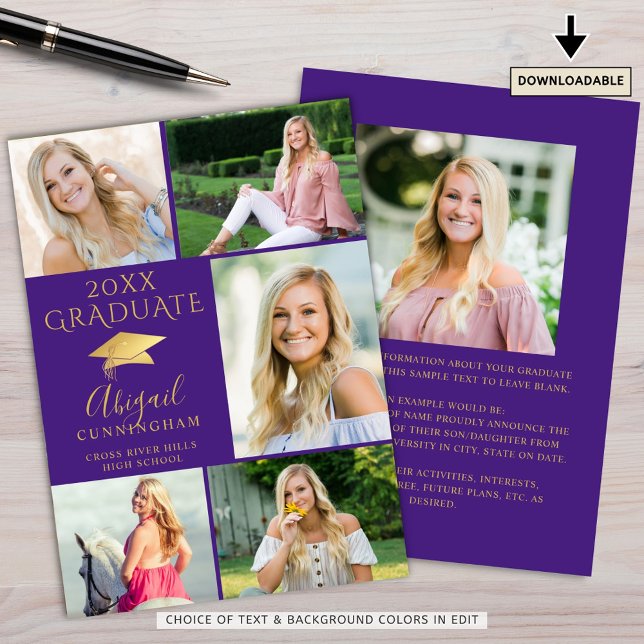 Elegant Graduate Purple Gold 6 Photo Collage  Announcement (Creator Uploaded)