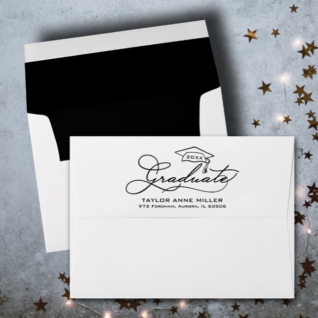 Elegant Graduate Script Return Address Envelope (Graduate script, FREE return address, printed black inside lined envelopes, colors can be changed)