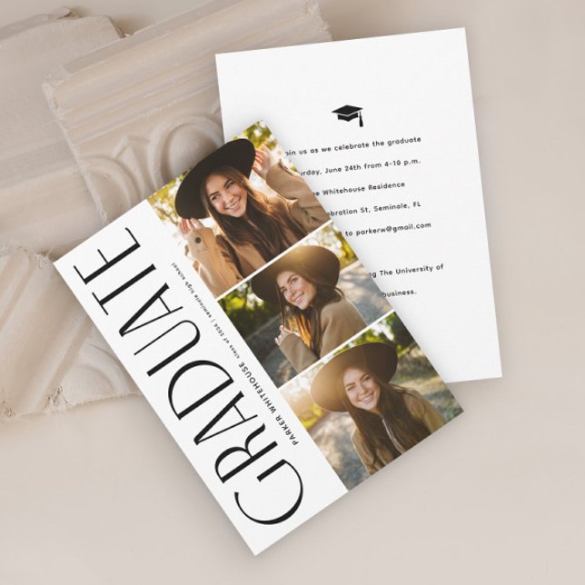 Elegant Graduate Typography 3 Photo Graduation Invitation (Elegant Typography Graduate Black and White 3 Photo Graduation Invitation.)