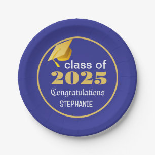 Elegant Graduation 2025 Blue Gold Personalised  Paper Plate