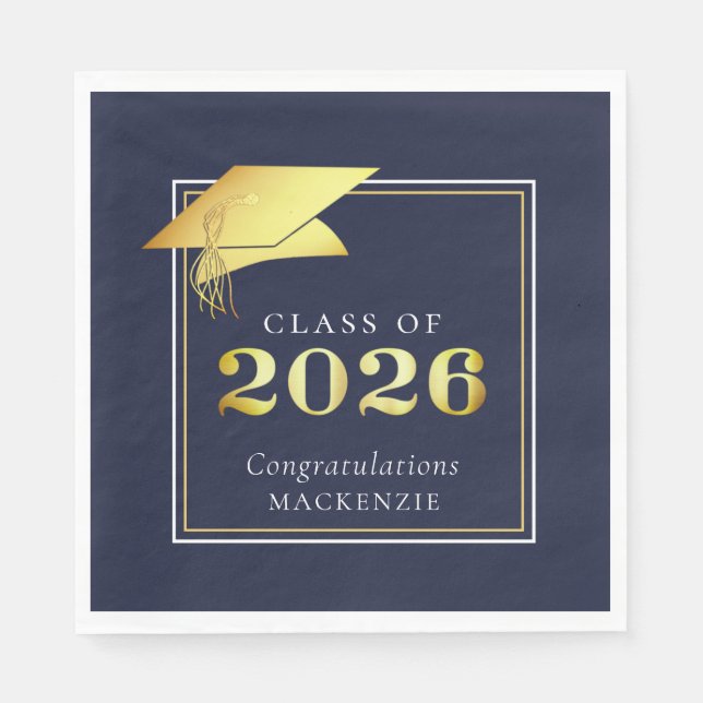 Elegant Graduation 2026 Navy Gold Personalised Napkin (Front)