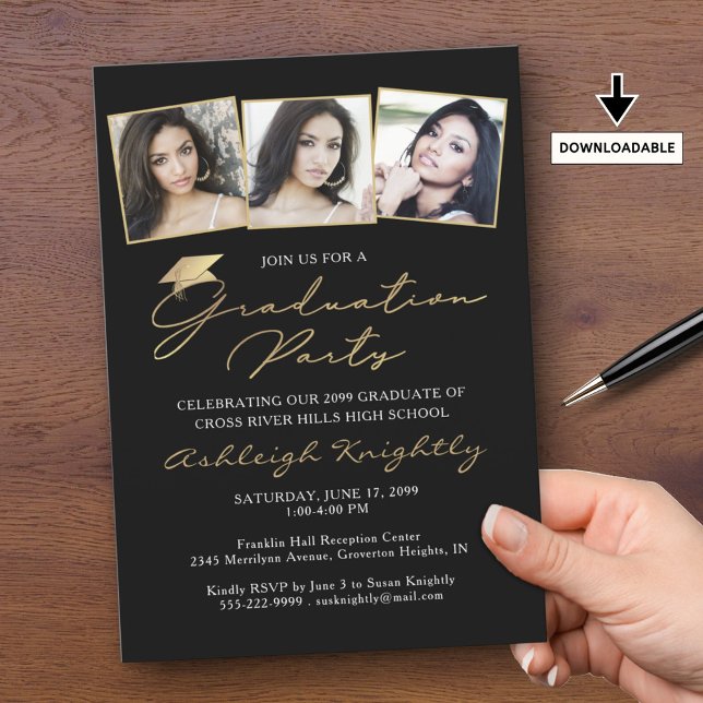 Elegant Graduation 3 Photos Black Gold Script Cap Invitation (Creator Uploaded)