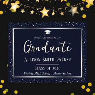 Elegant Graduation Announcement Blue and Silver Postcard