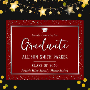 Elegant Graduation Announcement Maroon and Silver Postcard