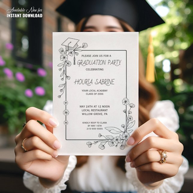 Elegant Graduation Black and white Floral Border Invitation (Creator Uploaded)