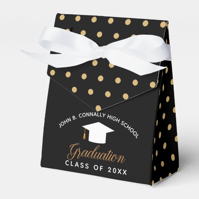 Elegant Graduation Black Gold Polka Dots Party Favour Box (Front Side)