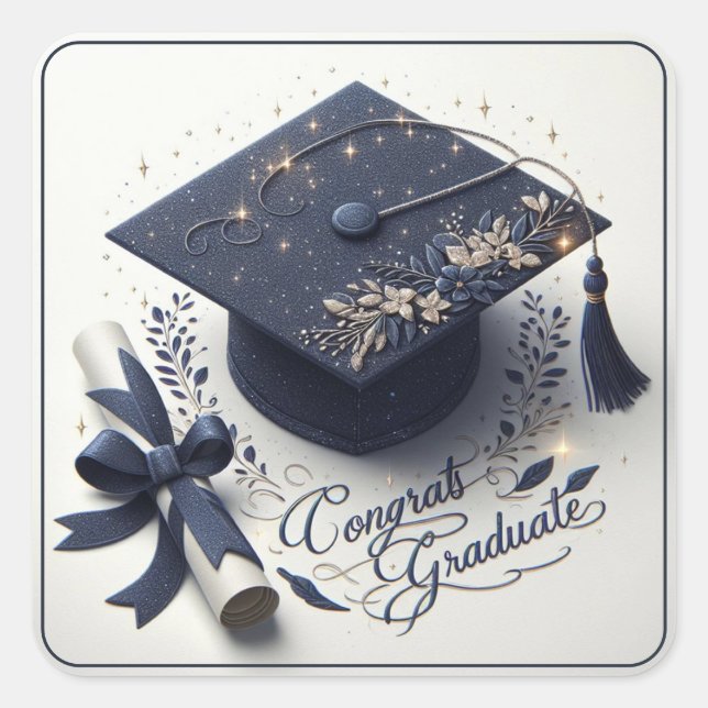 Elegant Graduation Cap and Diploma Square Sticker (Front)