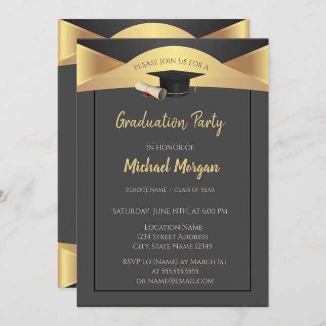 Elegant Graduation Cap, Gold Graduation Invitation (Front/Back)