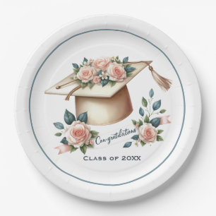 Elegant Graduation Cap & Roses Artwork Paper Plate