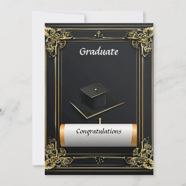 Elegant Graduation Diploma with Mortarboard Invitation (Front)