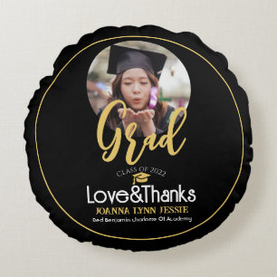 Elegant Graduation gold Cap Thanks Script Photo Round Cushion